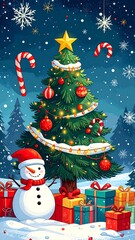 Festive Christmas scene of a decorated tree, snowman, and gifts