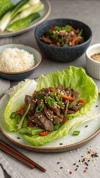 Bulgogi served in lettuce wraps with side dishes including rice and dipping sauce