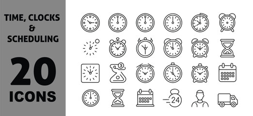 Collection of 20 hand drawn icons representing time clocks and scheduling concepts vector