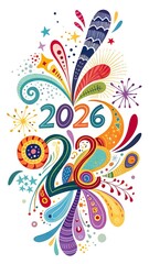 Colorful abstract shapes bursting from the numbers 2026 and 2024 in a vibrant celebration of creativity and fun