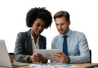 Two business professionals collaborating on a tablet isolated on transparent background