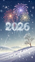 Fireworks light up the snowy landscape as the year 2026 is greeted with joy and celebration