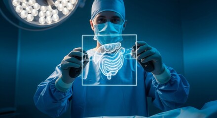 Surgeon Examining Digital Intestine Scan In Modern Operating Room