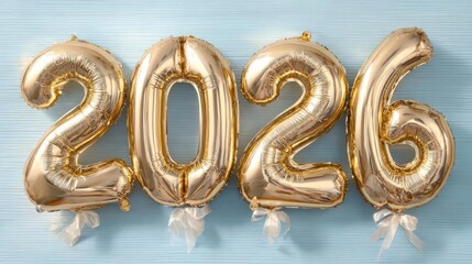 Shiny gold metallic balloons spelling out the year 2026 arranged on a light blue wooden background