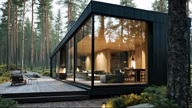 Modern Black Cabin Retreat Nestled in a Serene Pine Forest.