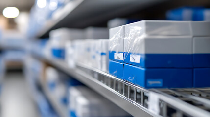 Fototapeta premium Shelves hold stacked boxes, neatly organized. Packages are arranged in a row on the shelf. Blue and white containers, with labels, are awaiting distribution and use in the facility.