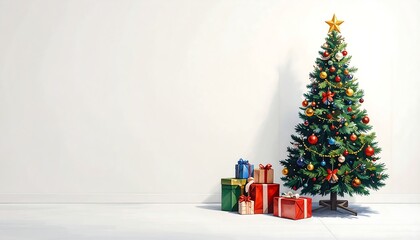 Festive Christmas tree with gifts against a bright white wall