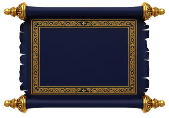 Ornate blue scroll with gold border isolated on transparent background