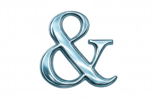 Ampersand symbol with shiny blue metallic texture, representing connection and inclusion on transparent background