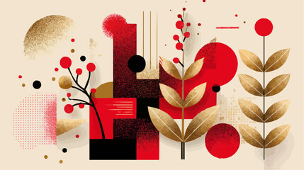 Elegant red and gold geometric leaves composition with soft gradients and clean layout, perfect for holiday cards, luxury packaging, modern festive branding projects.