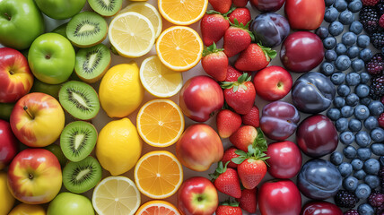 A variety of fruits arranged in a gradient by color. The image is colorful and looks delicious.