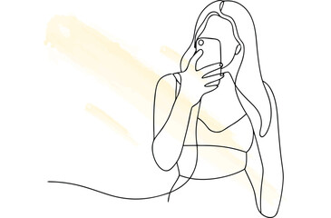 Continous line drawing a woman taking a selfie with a smartphone single line vector