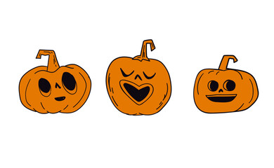 Halloween carved pumpkins hand drawn illustrations, cute funny jack o lanterns