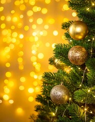 Festive Christmas tree with golden ornaments and twinkling lights