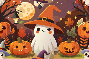 Fototapeta premium Cute Halloween Ghost With Pumpkins And Full Moon Illustration night