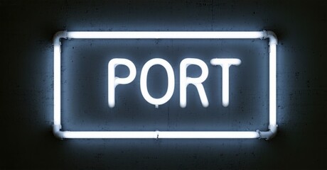 Neon sign displays word PORT. Rectangular frame glows brightly against dark textured background. Minimalist design, simple lettering.