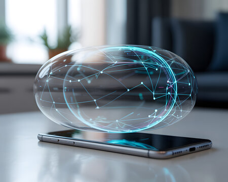 Futuristic holographic digital data bubbles emanating from a smartphone creating an immersive augmented reality experience.