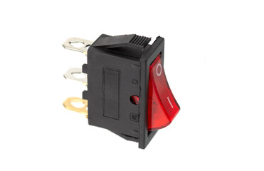 Black rectangular rocker switch with a red illuminated button and metal terminals, isolated on white.