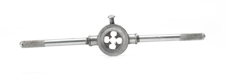 Metal threading die wrench tool isolated on white background, used for cutting external threads on bolts or rods.