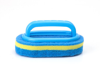 Cleaning sponge with plastic handle isolated on white background, used for washing surfaces and household cleaning