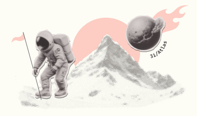 3i-Atlas halftone college banner with Astronaut sticking a flag into a mountainous area and asteroid with tail. Zine culture style. Vector art, fashion vintage collage © LanaSham