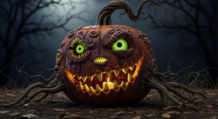 Grotesque multi-eyed pumpkin in dark forest