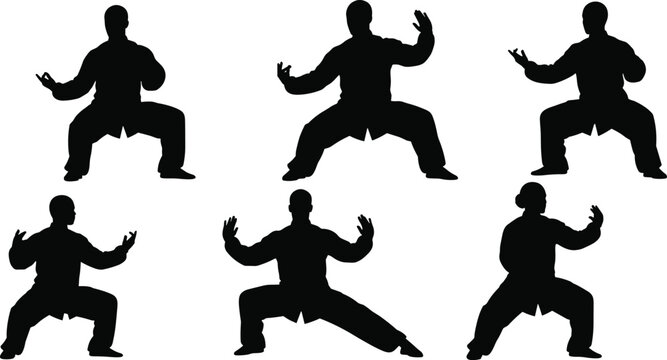 Silhouette of martial arts practitioner performing traditional poses, tai chi movement, self defense practice, fitness training exercise, vector illustration, black design.