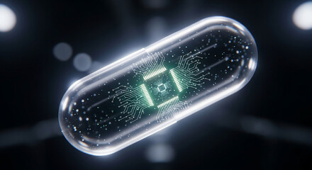 Futuristic transparent capsule containing glowing digital circuitry, symbolizing advanced medicine, nanotechnology, and pharmaceutical innovation