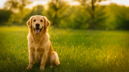 A happy Golden Retriever dog sits in a sun-drenched grassy field, looking towards the camera with a happy expression. Beautiful nature landscape with copy space.