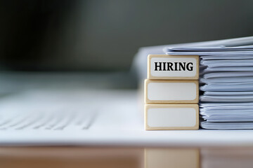 The image depicts wooden blocks with 'HIRING' text, next to paper stack suggesting job openings, business expansion, and HR activities in the business environment.