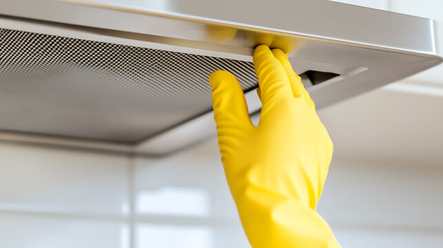 Gloved hand cleaning a range hood filter. Ensuring a clean and efficient kitchen with protective gear. Simple maintenance for a healthy home. Bright yellow glove.