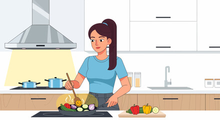 Woman Cooking Fresh Vegetables In A Modern Kitchen At Home