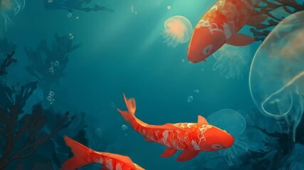 Two vibrant orange koi fish swim amidst underwater kelp and jellyfish in a serene aquatic scene. - Powered by Adobe