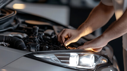 Hands working on a car engine in a garage. Close-up of the engine bay with focus on the headlight and mechanic's hands, suggesting maintenance and automotive care.