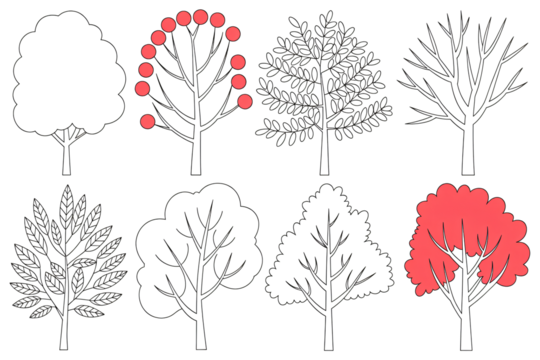 Diverse tree illustrations capture nature's beauty and seasons for design