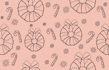 Soft Pink Christmas Seamless Pattern. Modern Line Art Holiday Vector Background.