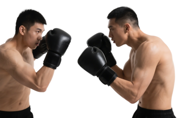 Two shirtless men with boxing gloves engaged in a boxing match, showing intense fighting stances.
