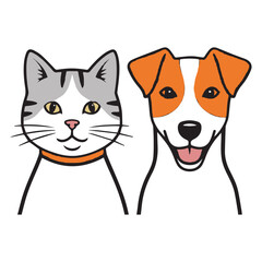Cute cartoon illustration of a friendly gray and white cat and a happy jack russell terrier dog