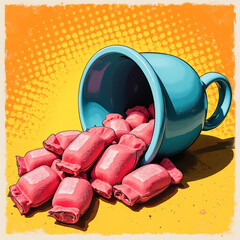 Cough drops spilled near a blue cup on a colorful background
