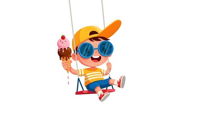 A joyful cartoon child on a swing with an ice cream cone. 