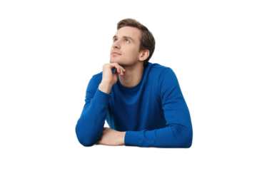 A man in blue sweater is in a pensive pose, looking up with hand under chin, showing deep contemplation.