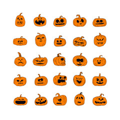 Halloween pumpkins with funny and spooky carved faces, cartoon vector illustration