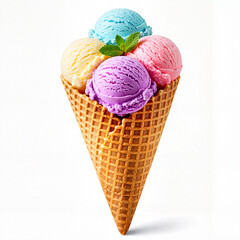 Ice cream cone with colorful scoops on white background, copy space