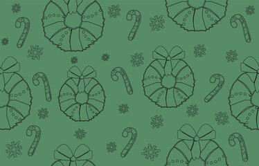 Elegant Green Christmas Seamless Pattern. Minimal Outline Holiday Vector Tile.