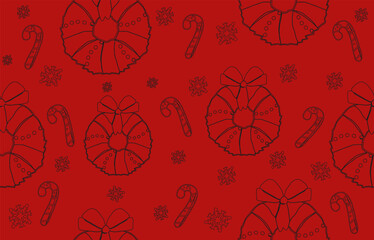 Classic Red Christmas Seamless Pattern. Minimal Outline Holiday Repeating Vector.