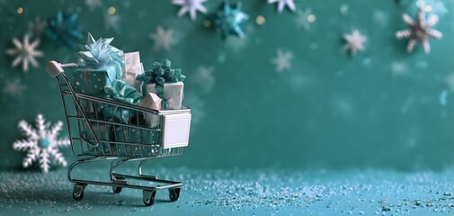 Colorful Shopping Cart Filled With Gifts on a Festive Background During Holiday Season