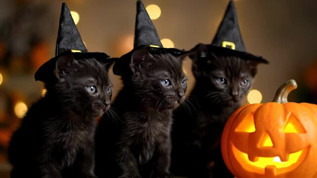 Three Black Kittens in Witch Hats Next to a Carved Pumpkin