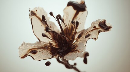 Fototapeta premium Chocolate Splash Over White Flower Artistic Cocoa Burst Captured in Slow Motion for Food Photography