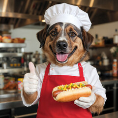 Joyful dog chef with hot dog gives thumbs up in kitchen ready to serve