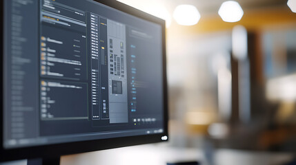 Close-up of a computer screen displaying code in a brightly lit room. The screen showcases organized lines of text and visual elements, highlighting digital work and software development.